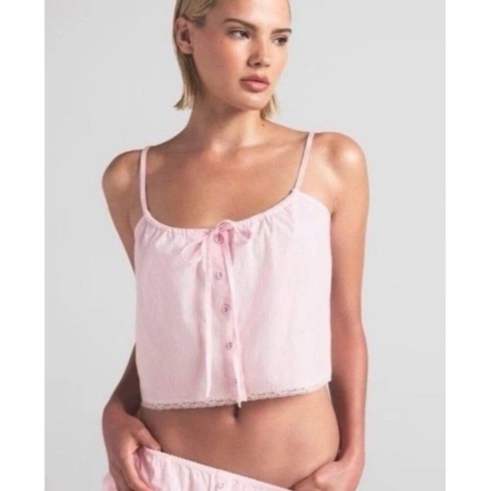 SKIMS Cotton Poplin Tank Cami Sleep Top Cherry Blossom Stripe Pink Sz Large NWT